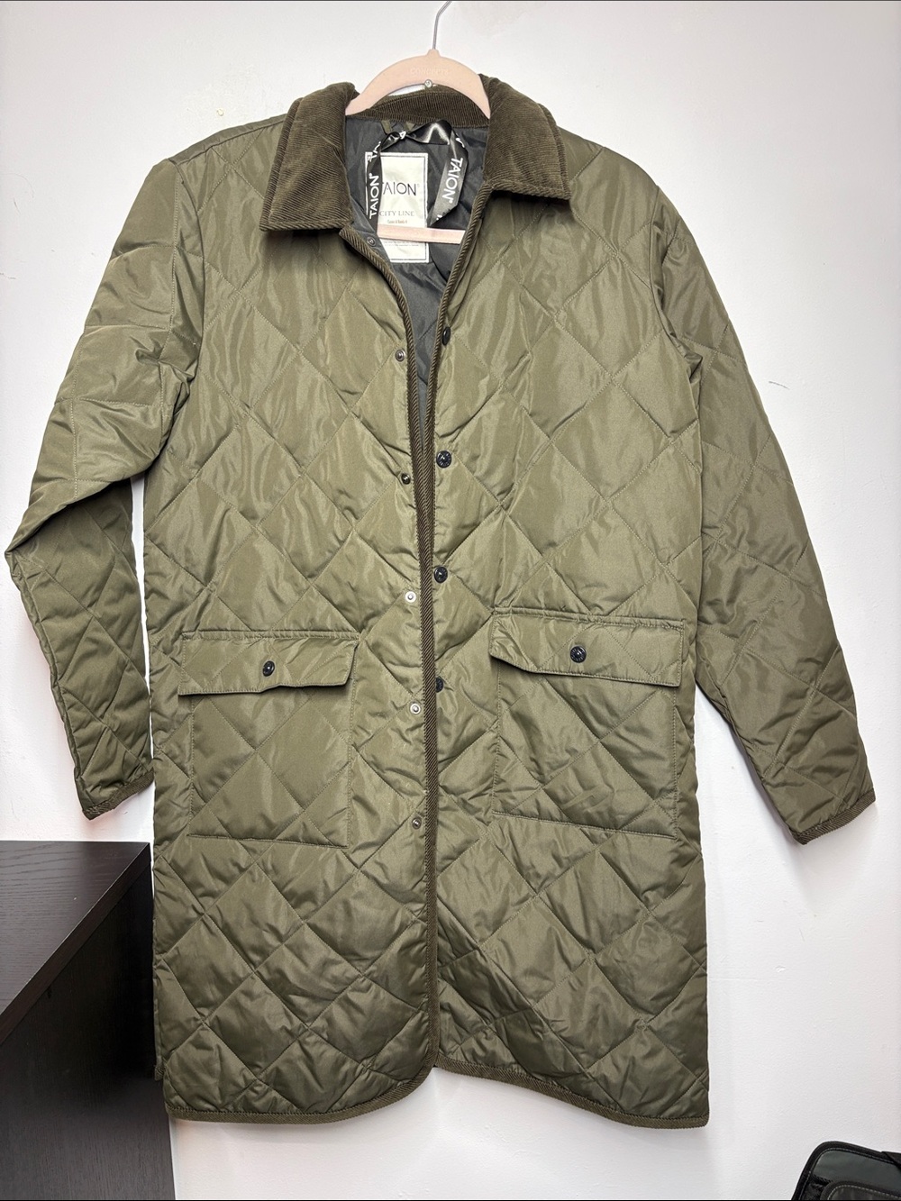 Taion Olive Quilted Field Coat with Corduroy Collar